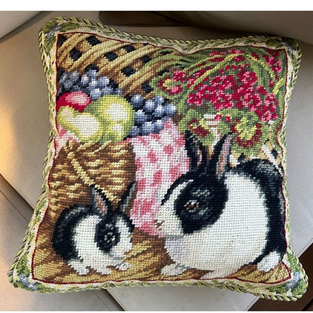 Gorgeous vintage cottagecore Grandmacore needlepoint pillow bunnies, rabbits